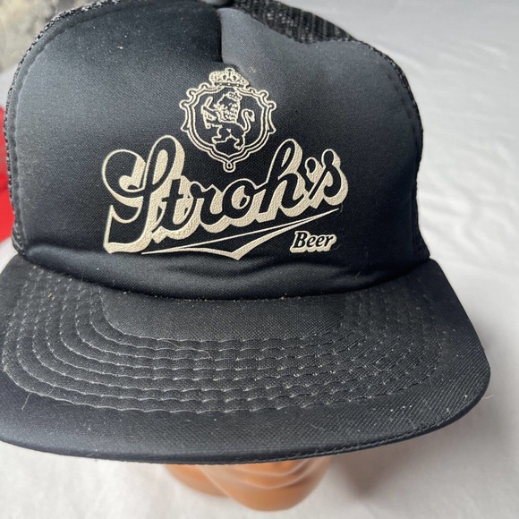 Vtg Stroh's Brewing Co Beer Black Adjustable Cap Trucker Hat Competition Pro Tag - Picture 2 of 12